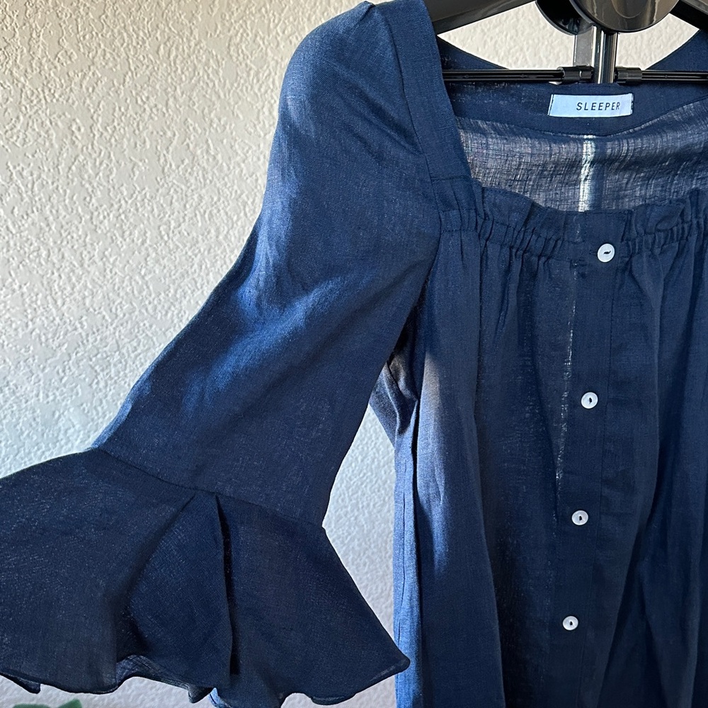 Sleeper Navy Button-Front Ruffle-Sleeve Mini Dress - image 3